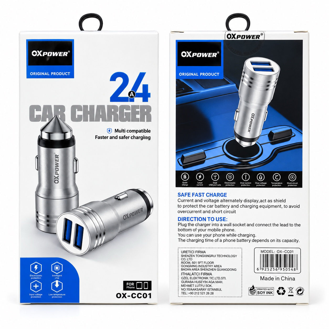 OX-CC01 2.4A 2xUSB ÇIKIŞLI ARAÇ BAŞLIK